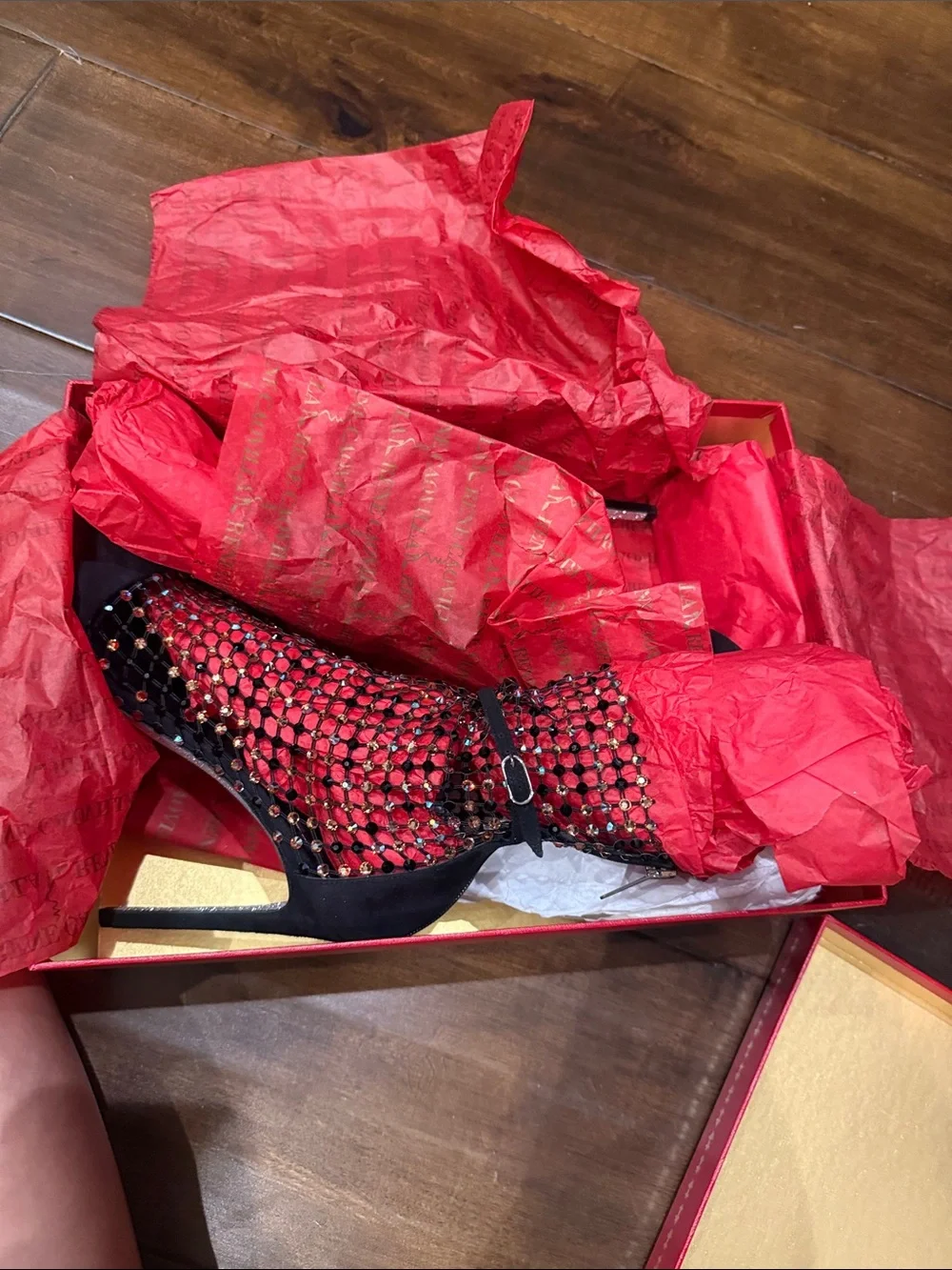Red Crystal Mesh High Heel open toe boot with Black Suede Toe